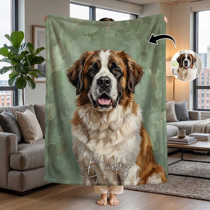 Blanket featuring a pet’s portrait in an oil painting style and their name – Personalised #98463 [PC-GALLERY:cmvl48tn2007dtb2rt59e4ukt:6638c581-90c6-42ee-84b0-df7b33d21f03:a8c7d8cc5362d6f22bf497d4b0efb4add7b29dc640b7ab63b61c5718baa95394]