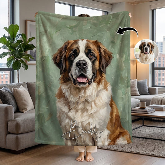 Blanket featuring a pet’s portrait in an oil painting style and their name – Personalised #98463 [PC-GALLERY:cmvl48tn2007dtb2rt59e4ukt:6638c581-90c6-42ee-84b0-df7b33d21f03:a8c7d8cc5362d6f22bf497d4b0efb4add7b29dc640b7ab63b61c5718baa95394]